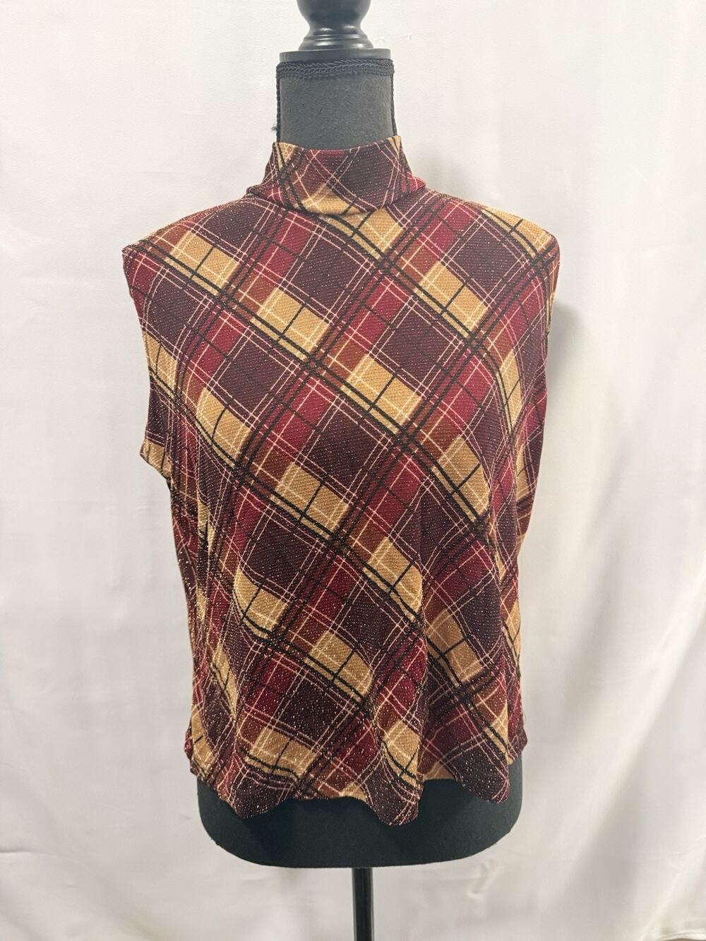 Worthington Blouse Women PL Petite Brown Plaid High Neck Beautiful Holiday Shirt